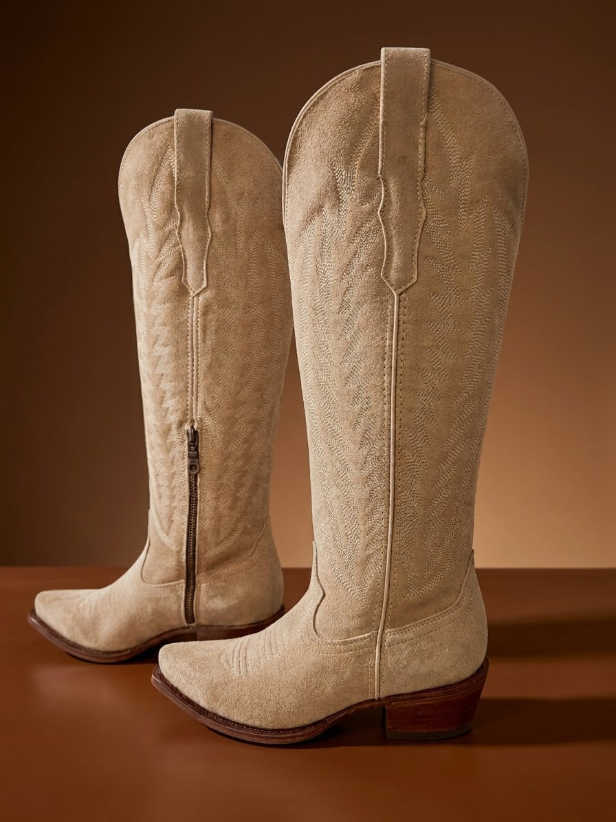 Women’s Sand Suede Embroidered Western Boots - Bluebonnet
