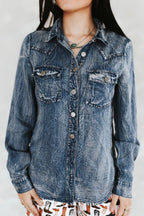 LUCKY & BLESSED Vintage Blue Washed Western Denim Shirt — Concho Button Tencel Cowgirl Statement