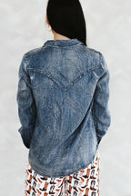 LUCKY & BLESSED Vintage Blue Washed Western Denim Shirt — Concho Button Tencel Cowgirl Statement