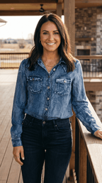 LUCKY & BLESSED Vintage Blue Washed Western Denim Shirt — Concho Button Tencel Cowgirl Statement